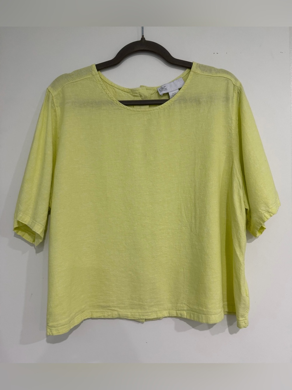 C & C California Linen Blend Top Button Back Neon Lime Yellow Relaxed Crop XL